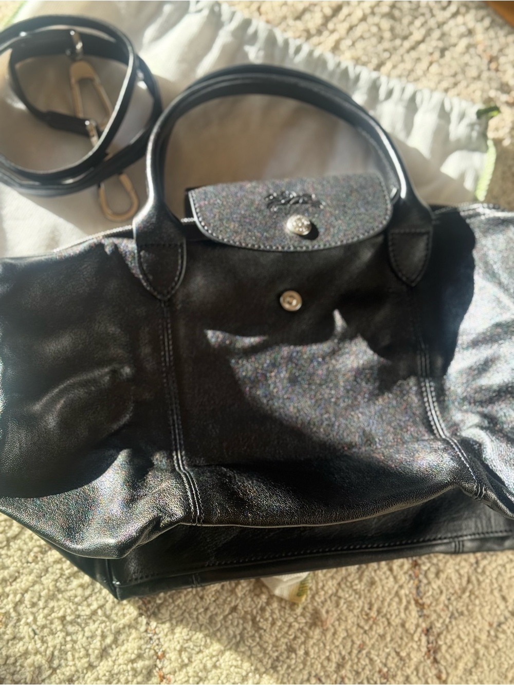 Longchamp Le Pliage Cuir XS Black Leather Discontinued Paris Dust Bag - Picture 15 of 15